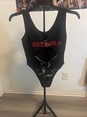 Black Bathory Graphic Cutout Bodysuit